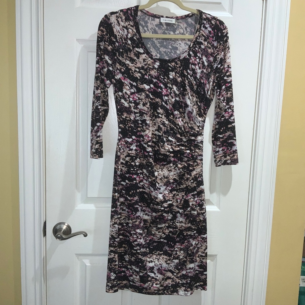 Calvin Klein side ruched dress Sz 8 watercolor print 3/4 sleeve